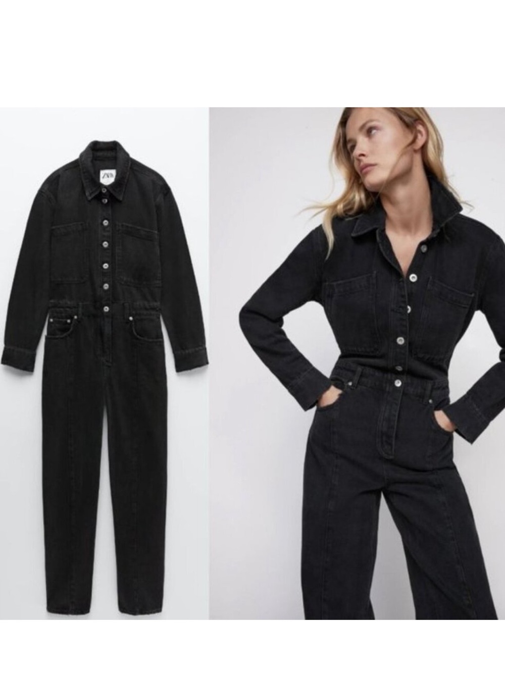 Zara Black Denim Utility Jumpsuit